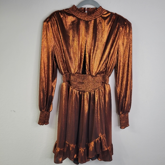Retrofete melody metallic ruffle puff sleeves.  front cut out mini length size L - Picture 3 of 10
